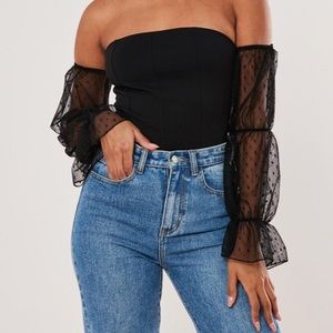 Black Bardot Dobby Mesh Puff Sleeve Bodysuit BRAND NEW from MISGUIDED. Size 6!